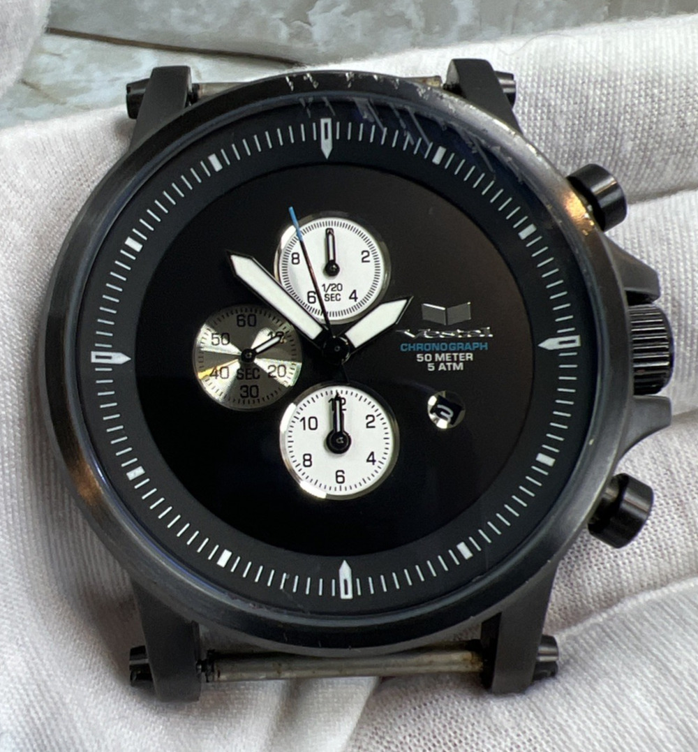 Vestal Plexi Men's Chronograph Watch NO BAND Black Dial FOR PARTS - UNTESTED